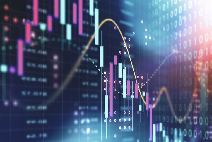 Nasdaq Slides as Chip Stocks Slump: Stock Market Today closeup of stock market chart with teal and purple bars and orange moving average