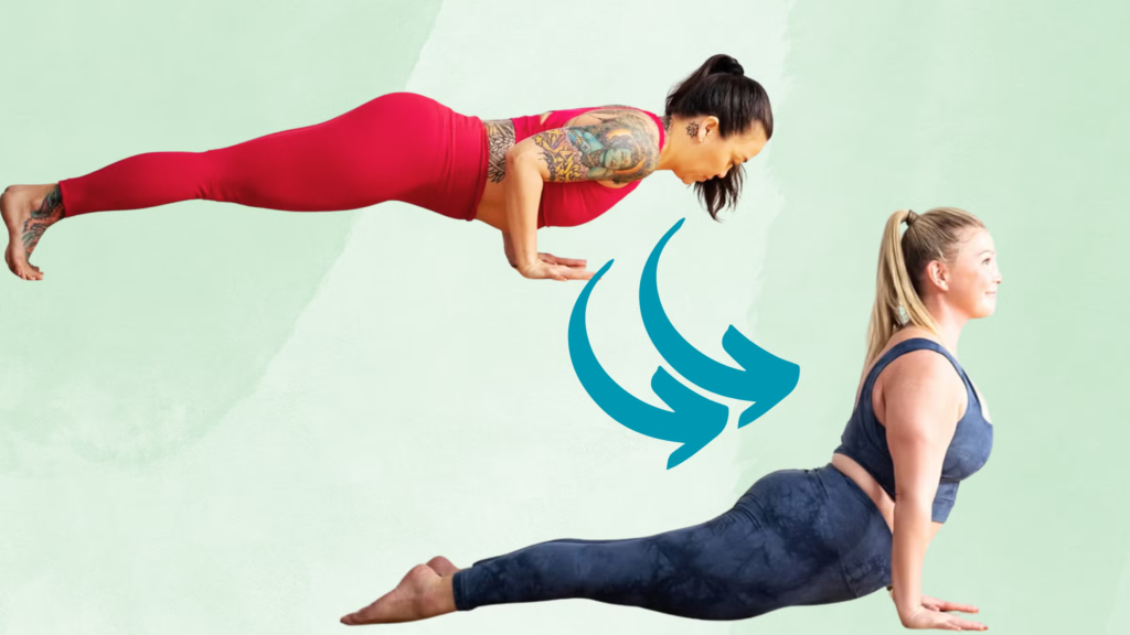 4 Ways to Move from Chaturanga to Upward-Facing Dog One person in Chaturanga, then illustrated arrows, then a person in Upward-Facing Dog.