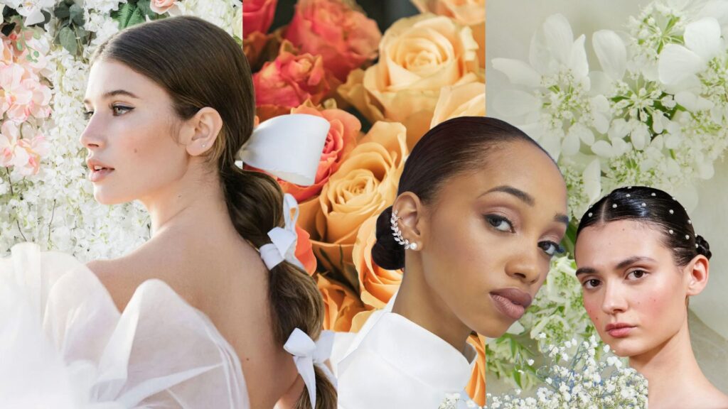 floral collage with three brides layered on top with a range of wedding hairstyles like a bubble ponytail and bun with jewels