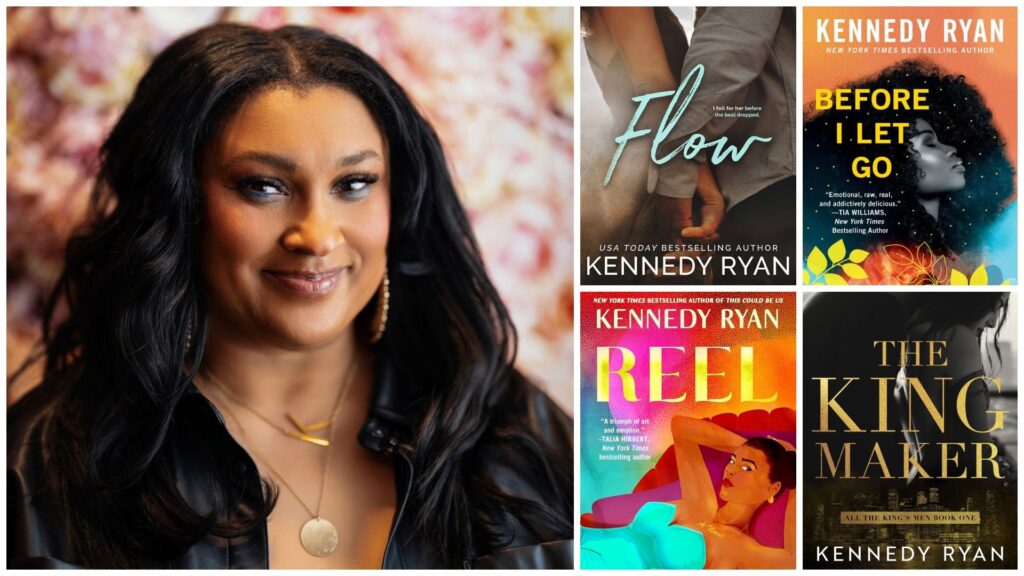 a headshot of author kennedy ryan smiling and wearing a black top opposite a collage of her book covers including reel the king maker and more