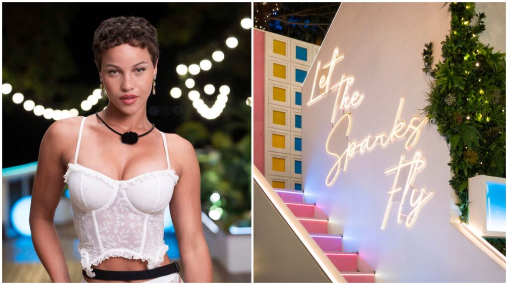 Who Is Sol Dean From ‘Love Island USA’ Season 8? a two-split image of Sol Dean from 'Love Island USA' season 8, wearing white lingerie, and the "Let the Sparks Fly" neon sign over the villa staircase
