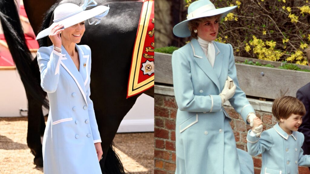 Princess Kate Has Embraced Diana-Like Dressing More Than Ever A split image of Princess Kate in a blue coat and Princess Diana in a similar coat holding hands with Prince William