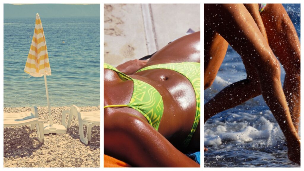 Tan-Maxxing Trend, Explained | Marie Claire three photos, on the left is a rocky beach with white beach chairs, the middle is a tan woman in a green bikini, third are two sets of tan legs running in the ocean