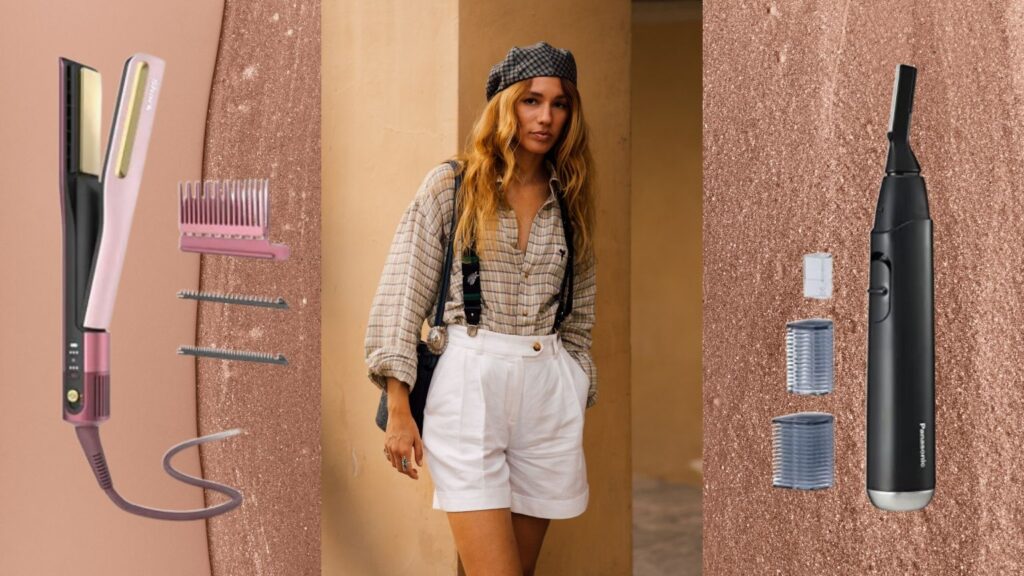 The 10 Best Beauty Tools at Amazon Early Prime Day Deals a blonde woman with white shorts and a plaid shirt on a tan backdrop with a beauty tool on either side of her