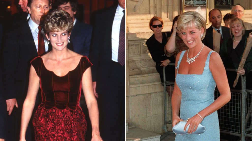 Princess Diana wears a shimmering blue mini dress and carries a matching blue silk clutch bag