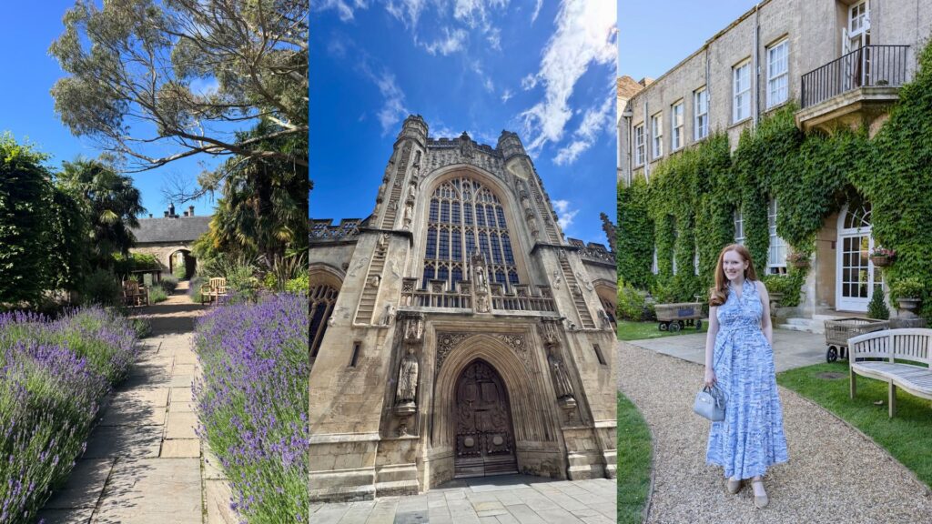 A split image of a lavender garden at Lucknam Park; Bath Abbey; Kristin Contino standing in front of the Lucknam Park hotel in a blue and white dress