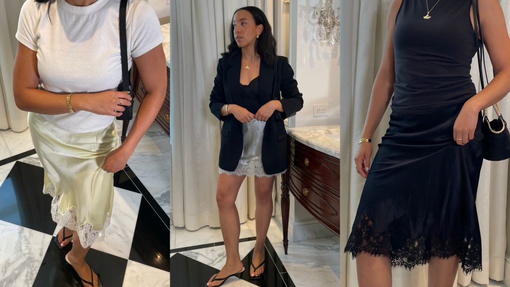 How to Style Lace-Trimmed Skirts for Summer 2026 Lauren Tappan wearing a white tee and a yellow lace skirt, Lauren Tappan wearing a black blazer and a silver lace skirt, Lauren Tappan wearing a black top and a black lace skirt