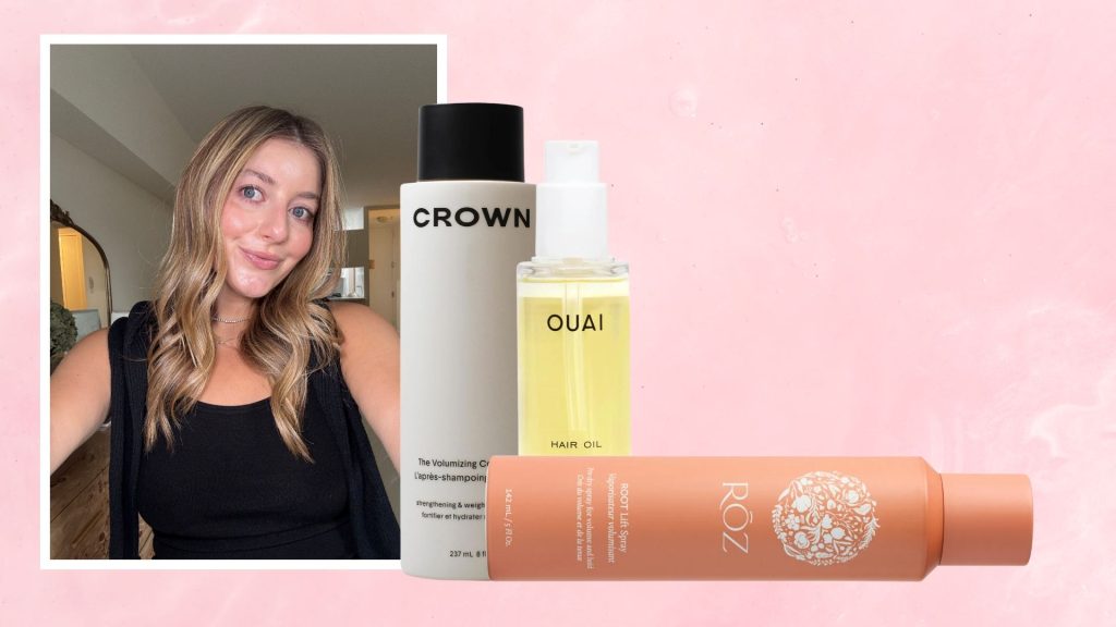 samantha Holender on a pink background next to products for fine hair from crown affair ouai and roz