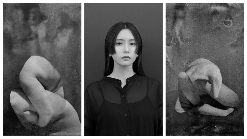 a trio of photos all in black and white, on the left, a photo of a twisted body, in the middle, a young asian woman, on the right, a twisted body