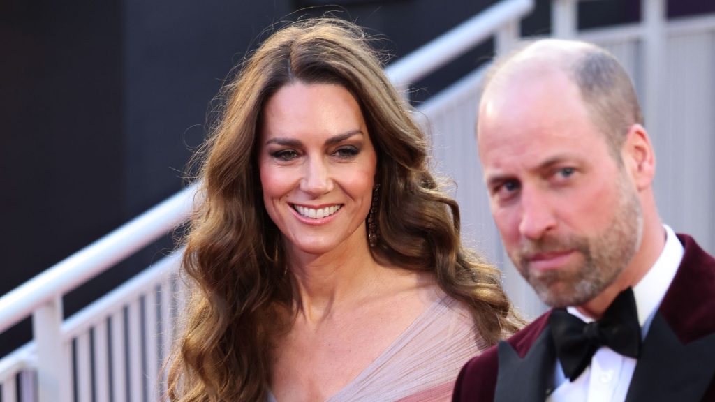 Princess Kate wears a pink gown to attend the BAFTAs 2026 with husband Prince William who has a bald head, a beard, and is wearing a burgundy velvet jacket