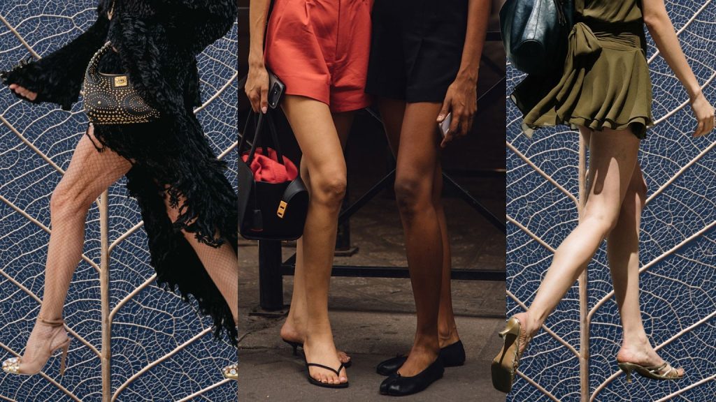 a background with a blue leaf with four pairs of legs wearing stylish shoes and black and red outfits