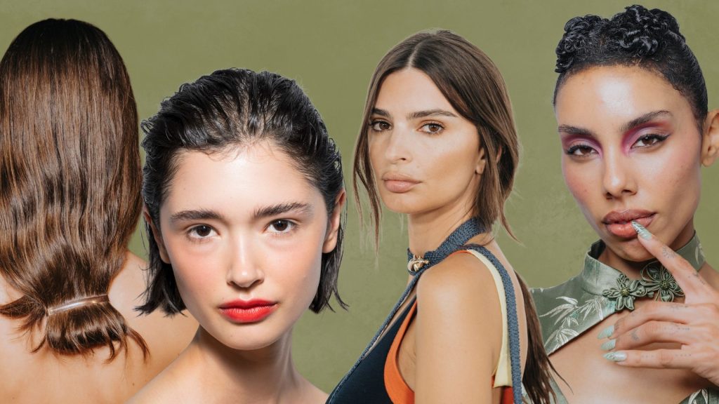 The Top 6 NYFW Beauty Trends Are Surprisingly Wearable collage of nyfw beauty trends on a green background, with four models in glamorous makeup and wavy hairstyles