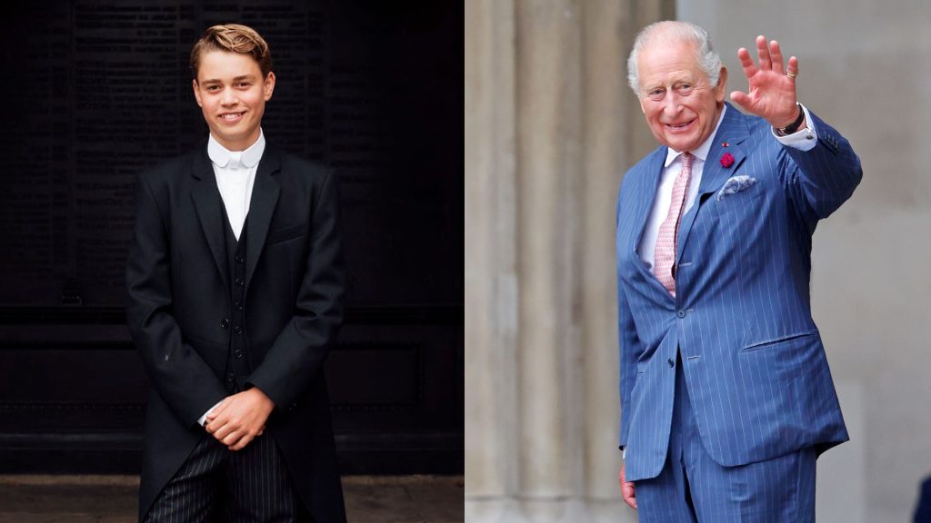 King Charles Could Recreate One of Queen Elizabeth’s Eton Rituals King Charles waving in a blue suit; Prince George wearing his Eton College uniform