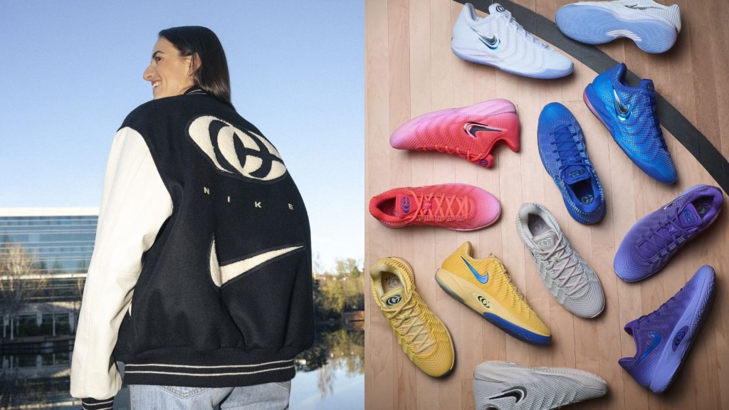 Caitlin Clark x Nike Caitlin 1 Shoe: Release Date, Details A collage of Caitlin Clark modeling a jacket from her Nike collaboration, alongside an image of Nike Caitlin 1 sneakers.