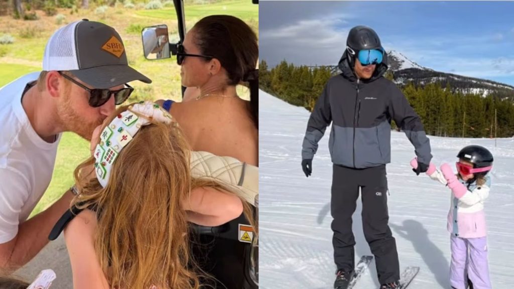 Princess Lilibet Shares One of Mom Meghan’s Favorite Hobbies A split image of Prince Harry kissing Lilibet and Harry and Lilibet skiing